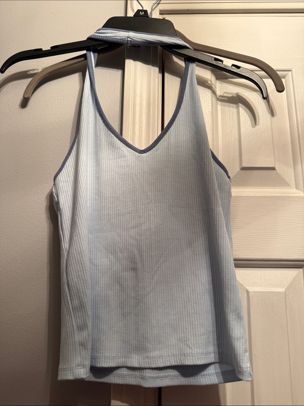 American Eagle Outfitters Light Blue Ribbed V-Neck Tank with Navy Trim